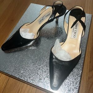 Sold Vintage Black Leather Jimmy Choo Kitten Sling Back Heels size 5 or 35.5 *